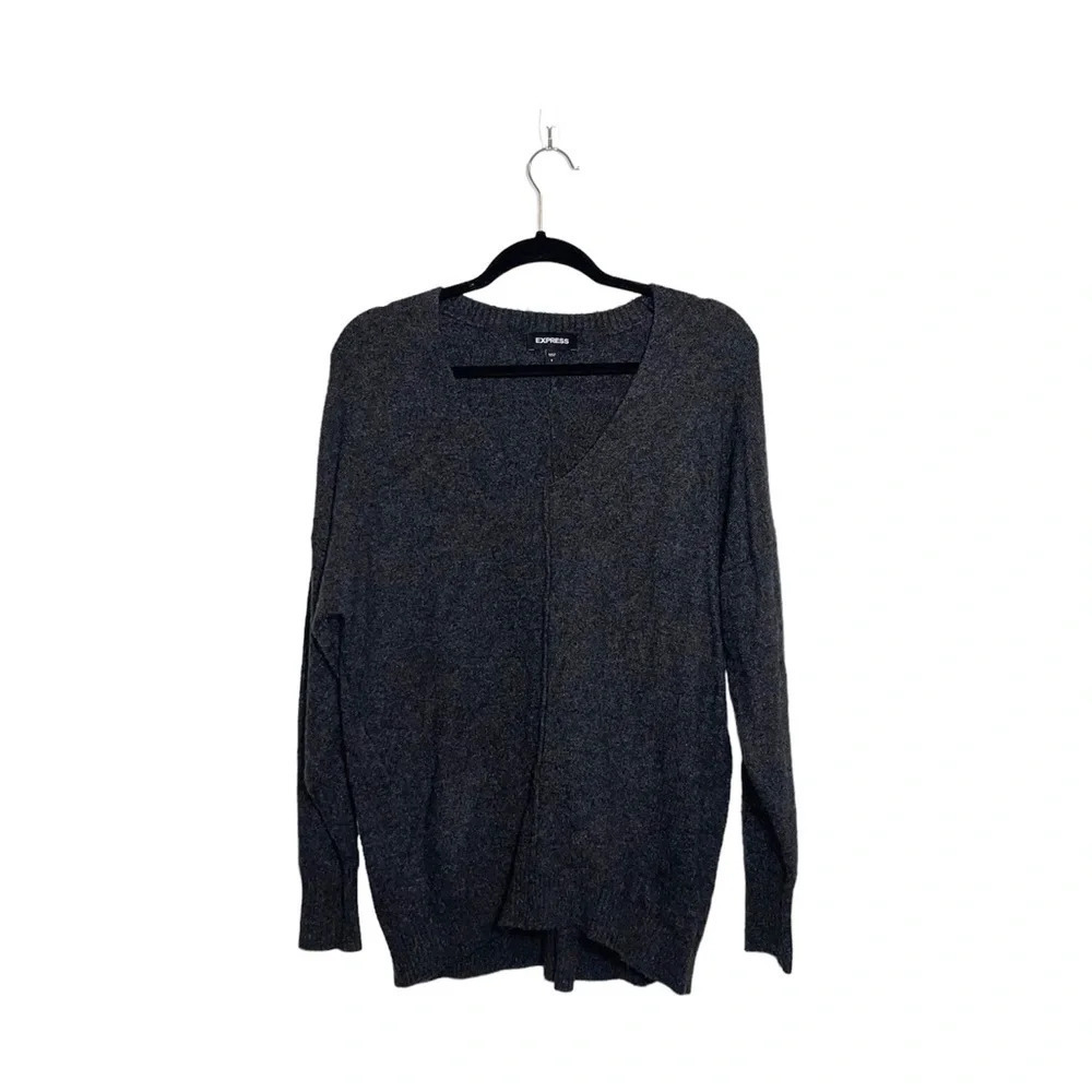Express Dark Gray V-neck Oversized Plush Pullover Tunic Sweater Small Women’s